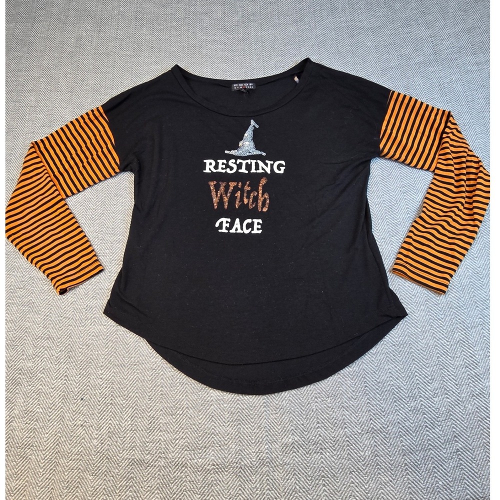 Poof New York Resting Witch Face Halloween Shirt Black Orange Striped Small